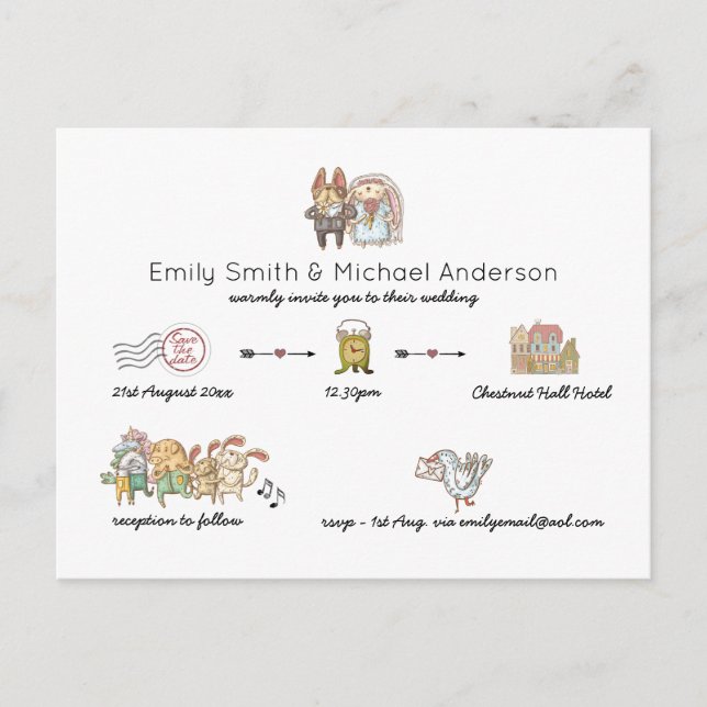 Whimsical Wedding Timeline Doodle Art Invitations (Front)