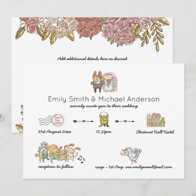 Whimsical Wedding Timeline Doodle Art Invitations (Front/Back)