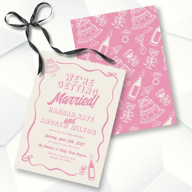 Whimsical wedding wavy frame bow pink invitation (Creator Uploaded)