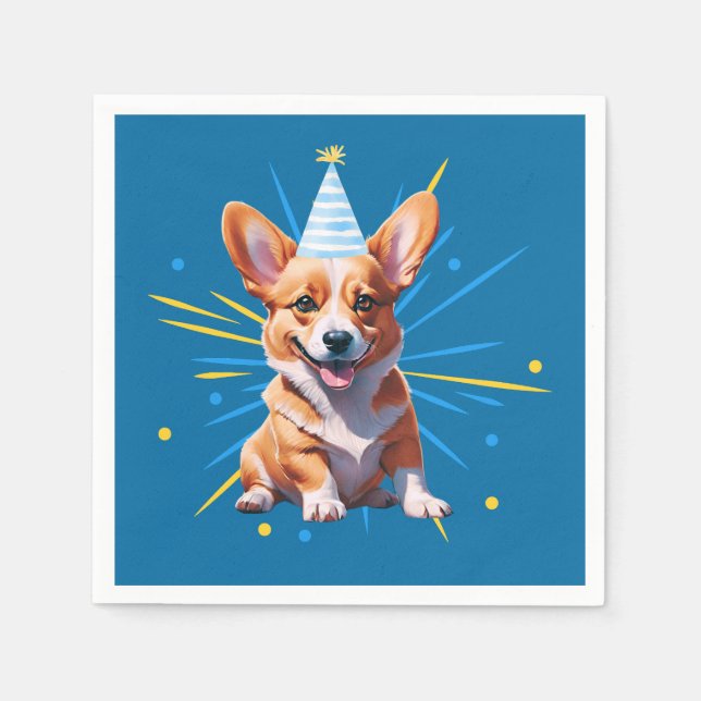 Whimsical Welsh Corgi In A Birthday Party Hat Napkin (Front)