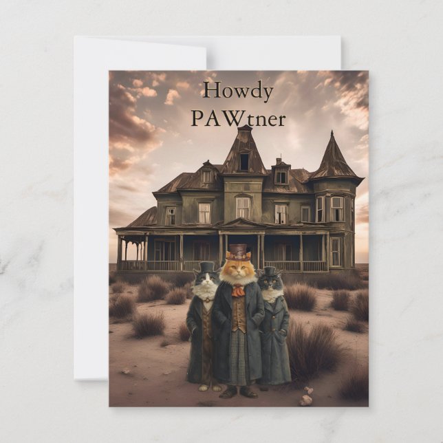 Whimsical Western Cat Howdy Hello Flat Card (Front)