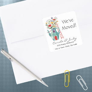 Whimsical We've Moved 1.5 or 3-inch Square Sticker