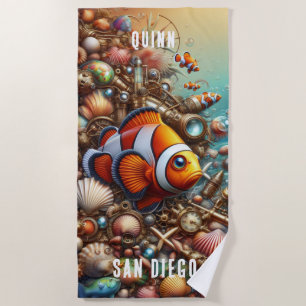 WHIMSICAL WHACKY FUN COLORFUL STEAMPUNK CLOWN FISH BEACH TOWEL
