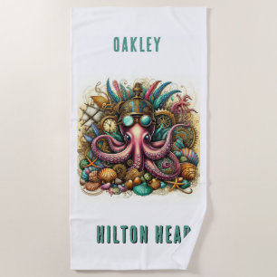 WHIMSICAL WHACKY FUNKY STEAMPUNK OCTOPUS BEACH TOWEL