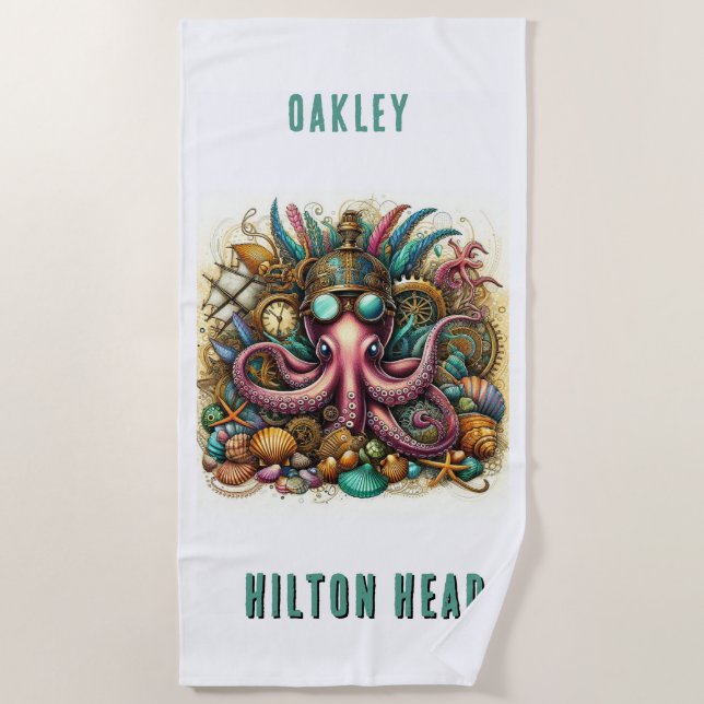 WHIMSICAL WHACKY FUNKY STEAMPUNK OCTOPUS BEACH TOWEL (Front)