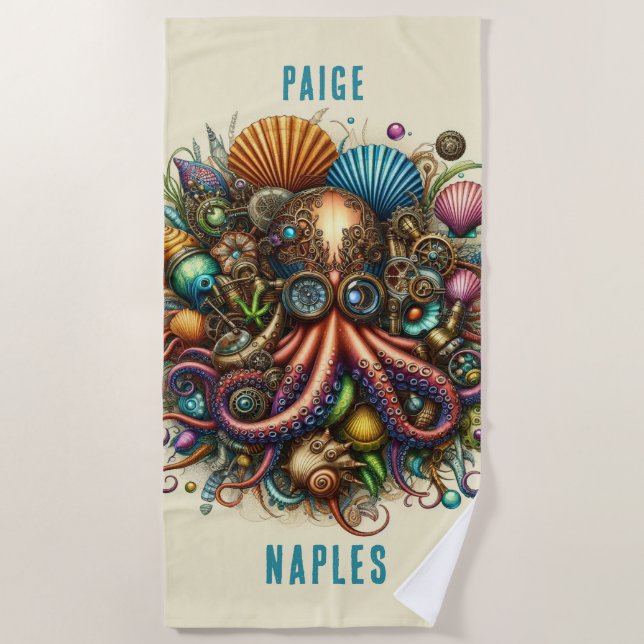 WHIMSICAL WHACKY FUNKY STEAMPUNK PINK OCTOPUS BEACH TOWEL (Front)