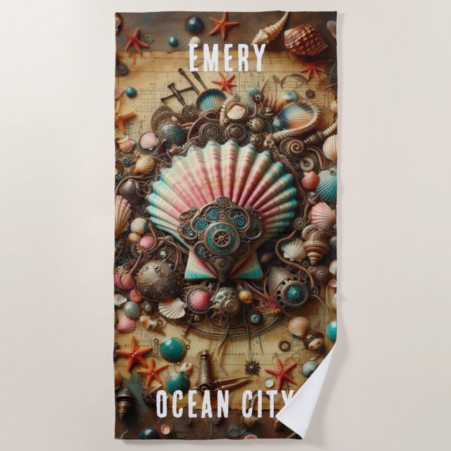 WHIMSICAL WHACKY STEAMPUNK SCALLOP SHELL BEACH TOWEL (Front)