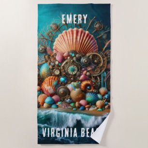 WHIMSICAL WHACKY STEAMPUNK SCALLOP SHELL ON BLUE BEACH TOWEL
