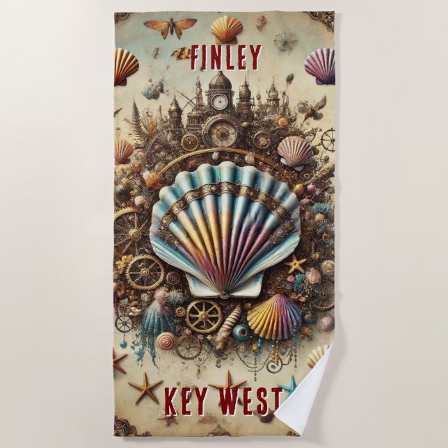 WHIMSICAL WHACKY STEAMPUNK SCALLOP SHELL - TAN BEACH TOWEL (Front)