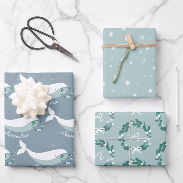 Whimsical Whale Christmas Wrapping Paper Sheets (Front)