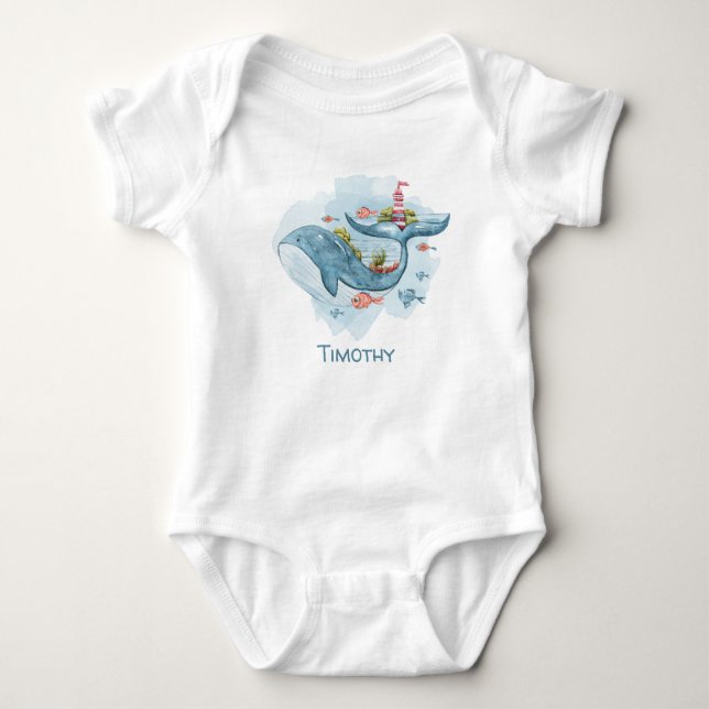 Whimsical Whale Illustration, Fish & Lighthouse Baby Bodysuit (Front)