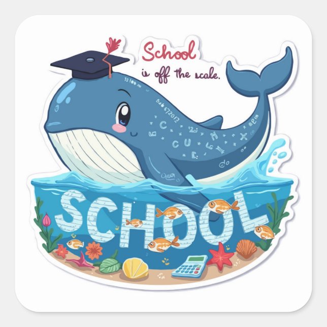 Whimsical Whale 'Off the Scale' School Excitement Square Sticker (Front)