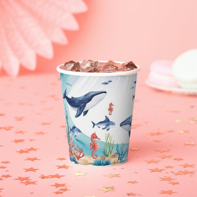  whimsical whale shark turtle fish birthday paper cups (Insitu)