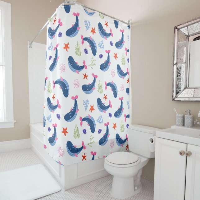 Whimsical Whales and Coral Seamless Pattern Shower Curtain (In Situ)