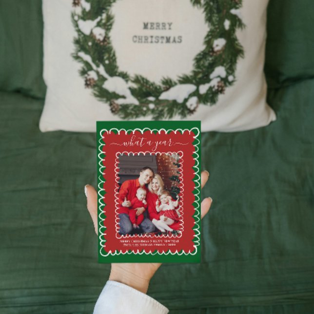 Whimsical What a Year Photo Collage Christmas Card (whimsical christmas cards hand drawn xmas trendy doodle festive  red and green photo collage simple )