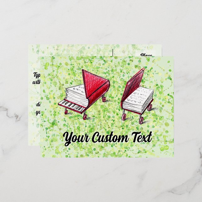 Whimsical Wheels & Piano Postcard Lime Cream (Front/Back)