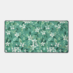 Whimsical White Blossoms on Teal Desk Mat