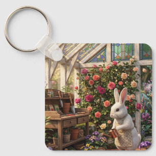 Whimsical White Bunny Gardening in Glass House Key Ring