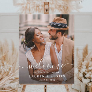 Whimsical White Calligraphy Photo Wedding Welcome  Faux Canvas Print