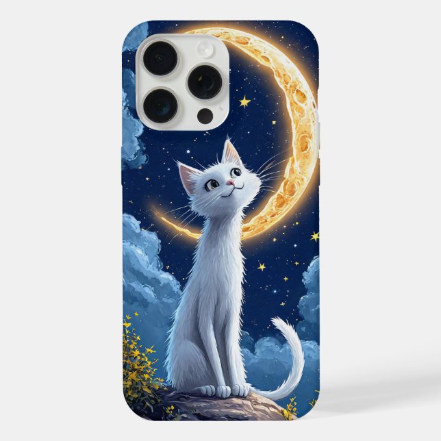 Whimsical White Cat Admiring a Glowing Moon iPhone Case (Back)