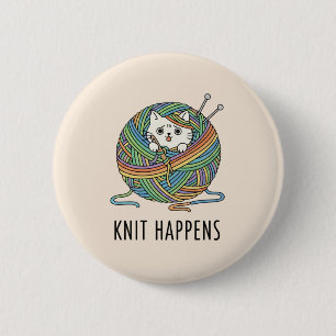 Whimsical White Cat in Colorful Yarn Knitting 6 Cm Round Badge