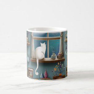 Whimsical White Cat Looking Out Window Coffee Mug