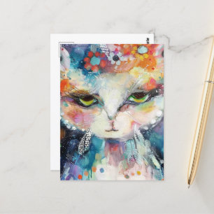 whimsical white cat paint splatters postcard