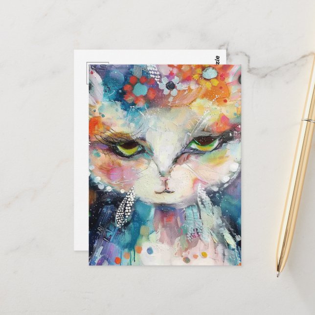 whimsical white cat paint splatters postcard (Front/Back In Situ)