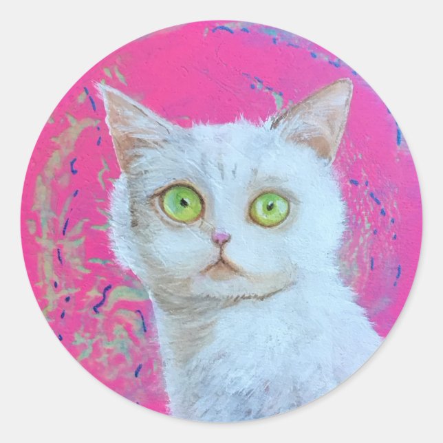 Whimsical white cat round sticker (Front)