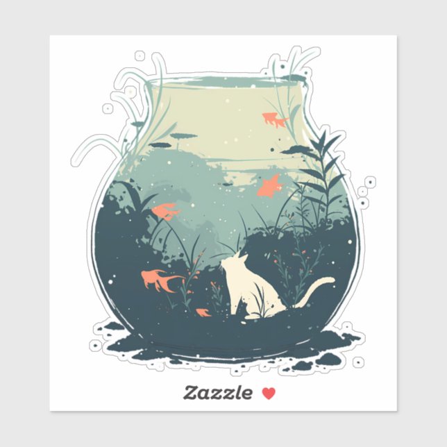 Whimsical White Cat Trapped Inside a Fishbowl (Sheet)