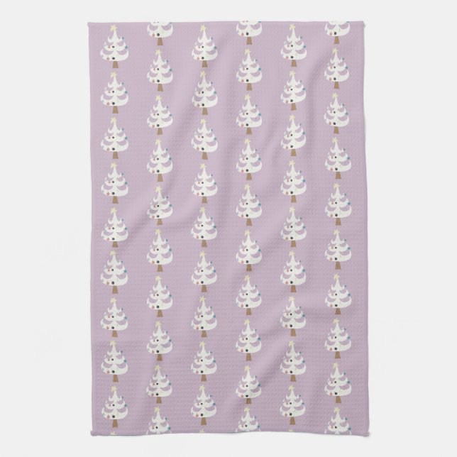 Whimsical White Christmas Trees on Purple Tea Towel (Vertical)