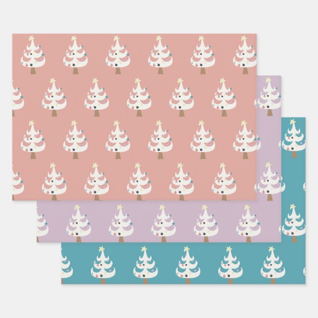 Whimsical White Christmas Trees Trio Wrapping Paper Sheet (Set)