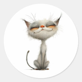 Whimsical White Contented Cat Illustration Classic Round Sticker