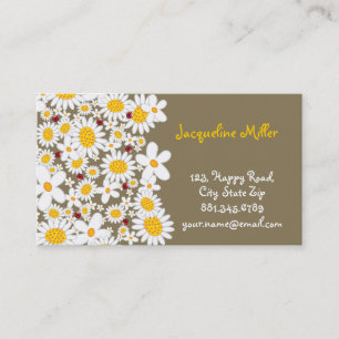 Whimsical White Daisies And Cute Red Ladybugs Chic Business Card
