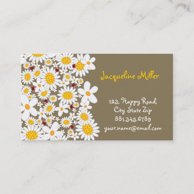 Whimsical White Daisies And Cute Red Ladybugs Chic Business Card (Front)
