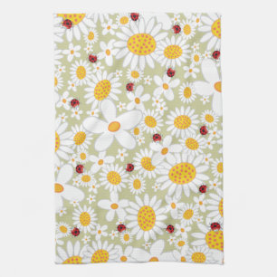 Whimsical White Daisies Flowers Red Ladybugs Cute Tea Towel