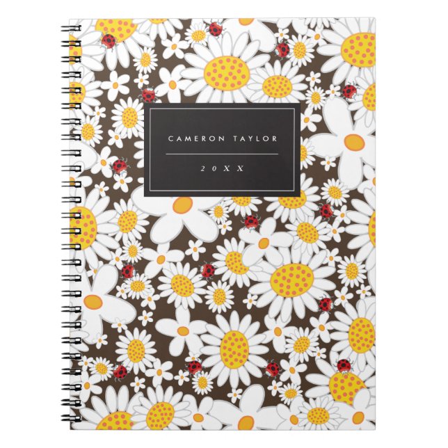Whimsical White Daisies Ladybugs Flower Notebook (Front)