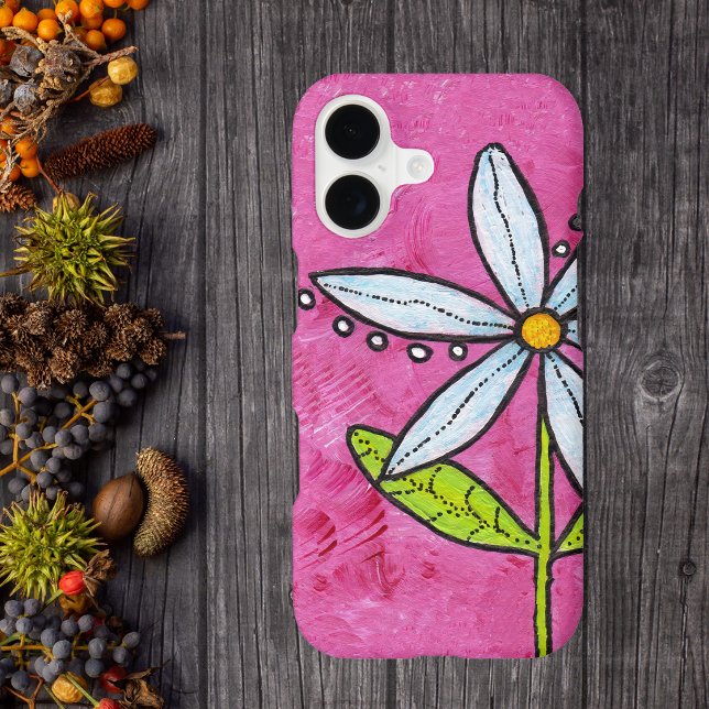 Whimsical White Daisy Flower Pink (Vibrant white daisy flower green leaves stem on bright pink iPhone case.)