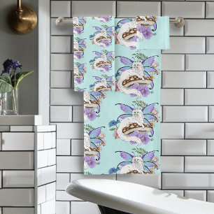 Whimsical White Fairy Cat Blue Mushroom Fantasy Bath Towel Set