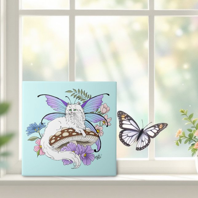 Whimsical White Fairy Cat Blue Mushroom Fantasy Ceramic Tile (Creator Uploaded)