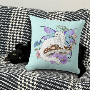 Whimsical White Fairy Cat Blue Mushroom Fantasy Cushion