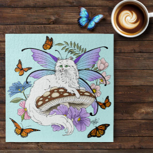 Whimsical White Fairy Cat Blue Mushroom Fantasy Jigsaw Puzzle