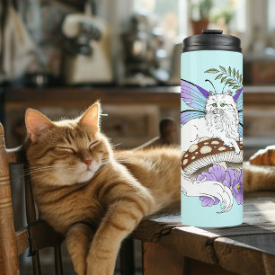 Whimsical White Fairy Cat Blue Mushroom Fantasy Thermal Tumbler