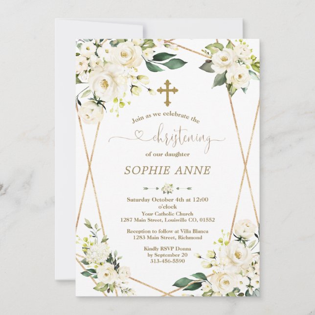 Whimsical White Flowers Gold Girl Christening Invitation (Front)