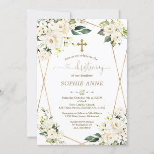 Whimsical White Flowers Gold Girl Christening Invitation