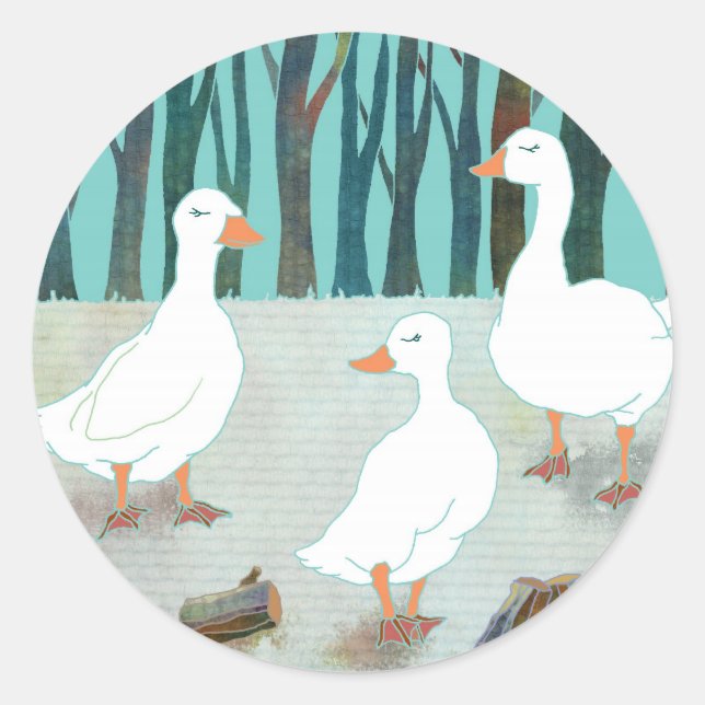 Whimsical White Geese Classic Round Sticker (Front)