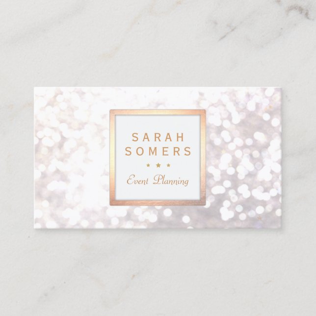 Whimsical White Glitter Bokeh Elegant Gold Frame Business Card (Front)
