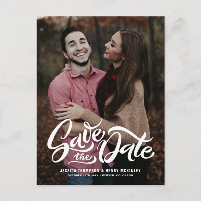 Whimsical White Hand Lettered Photo Overlay Floral Announcement Postcard (Front)