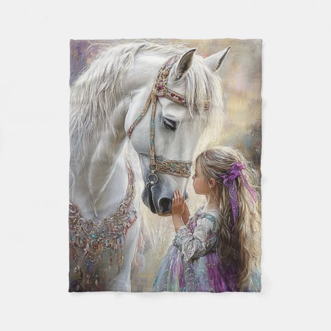 Whimsical White Horse Lil Girl Celeste Scene Fleece Blanket (Front)