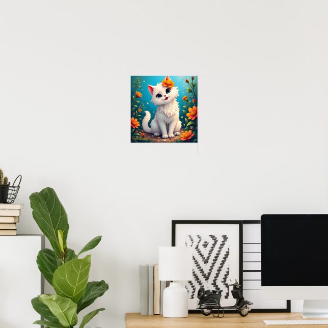 Whimsical White Kitten Garden Poster (Home Office)